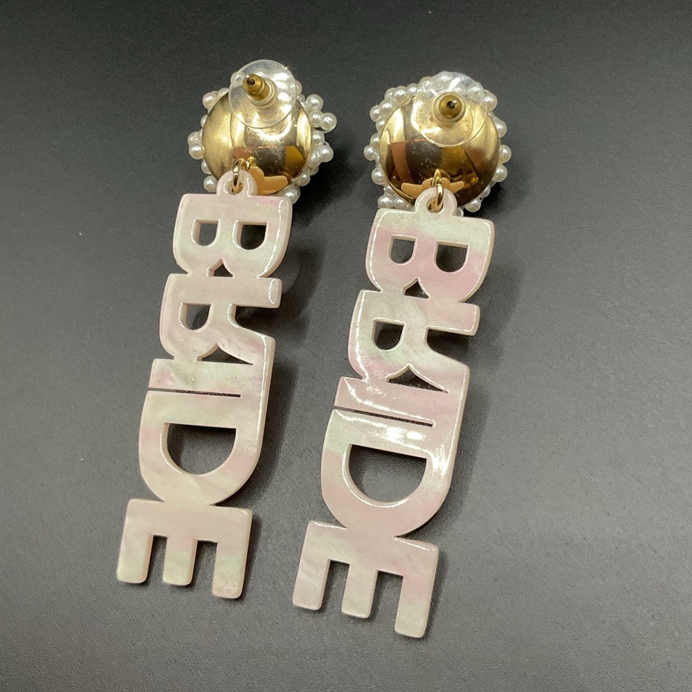 Bride Acrylic Word & Bead Earrings Bold Wedding Bachelorette - Picture 2 of 3